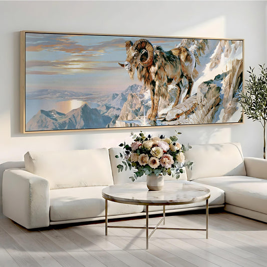 a large painting of a ram on a mountain, hanging on a wall above a white sofa and a round coffee table with a vase of flowers.