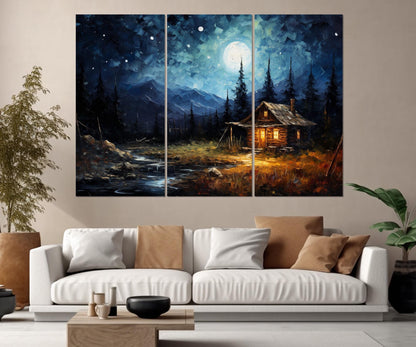 Moonlit Cabin Canvas – Rustic Wall Art | Starry Night Canvas Framed Print