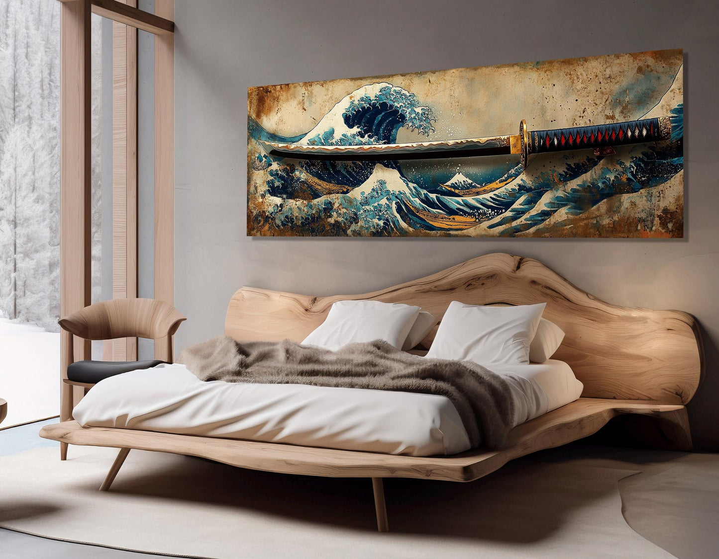 Japanese Wall Art – Samurai Sword Canvas with Great Wave Print | Framed Canvas Art Ready to Hang