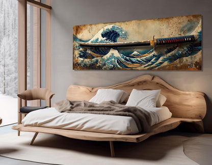 Japanese Wall Art – Samurai Sword Canvas with Great Wave Print | Framed Canvas Art Ready to Hang