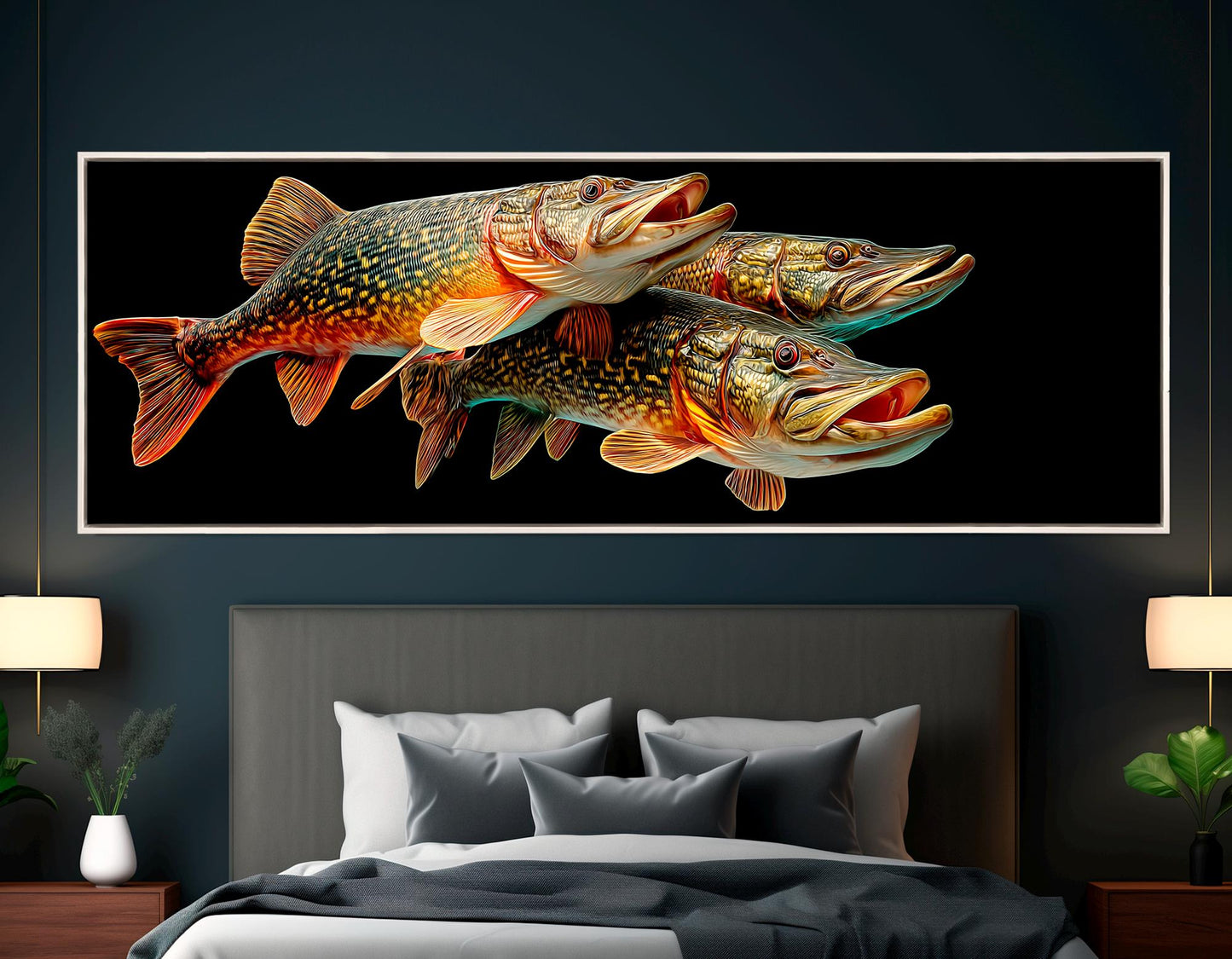 Pike Fish Canvas Print – Realistic Underwater Fish Chase on Stretched Frame