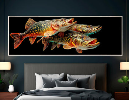 Pike Fish Canvas Print – Realistic Underwater Fish Chase on Stretched Frame