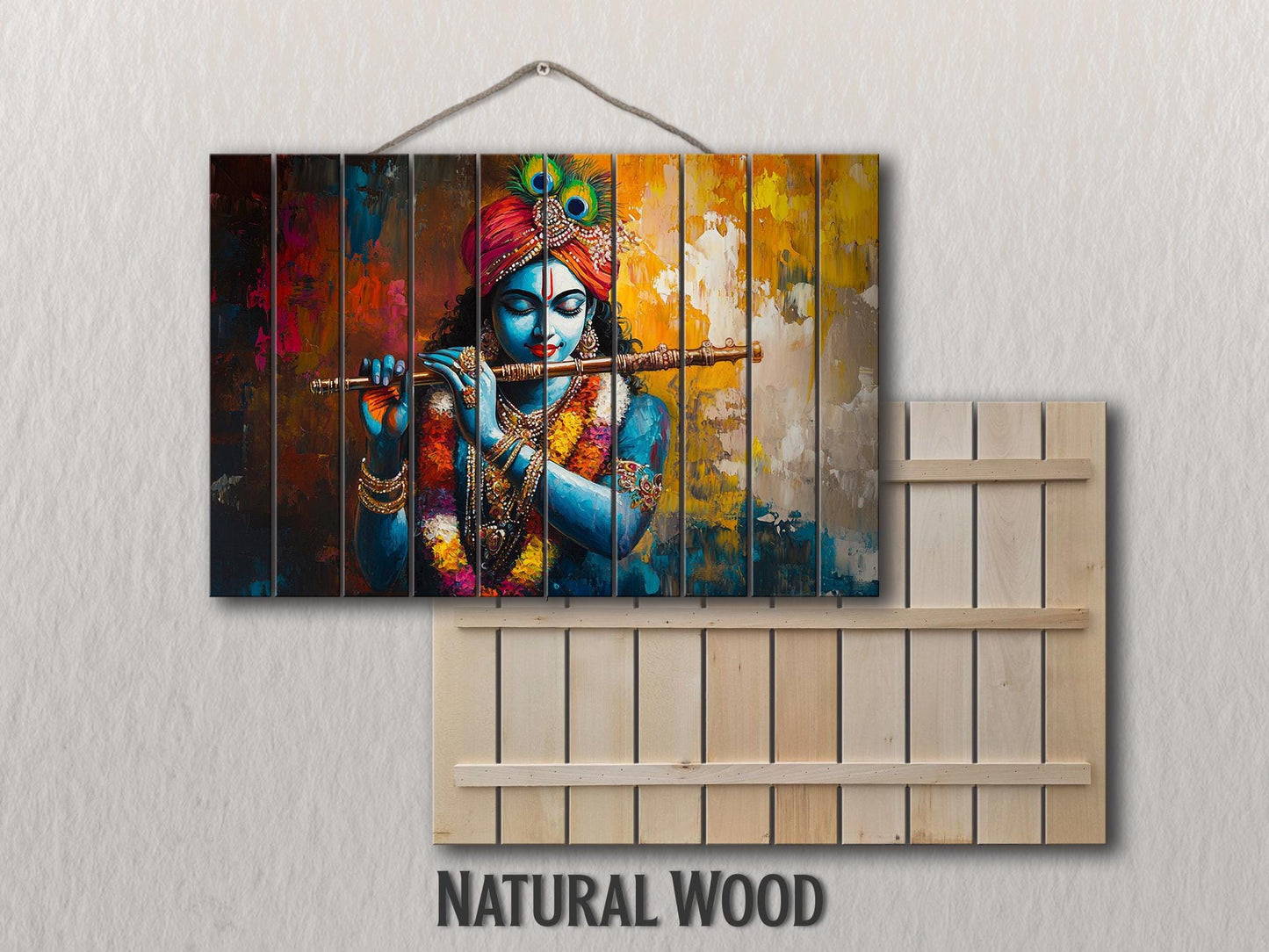 Lord Krishna with Flute Print on Natural Wood, Indian Hindu God Painting, Rustic Indian Wall Art, Lord Krishna Painting, Wood in Interior