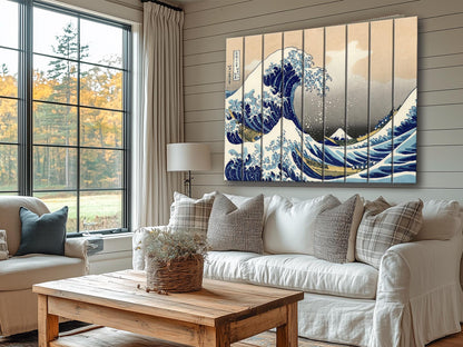 Great Wave Wood Print – Japanese Wall Art | Abstract Sea Waves Wooden Plank Art