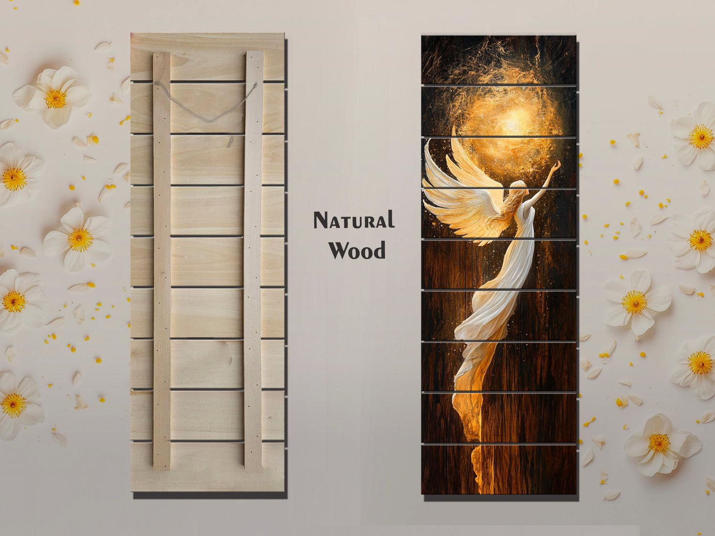 Wood Wall Art – Glowing Angel in White and Gold Robes – Rustic Spiritual Print, Christian Wall Art, Religious Wall Decor