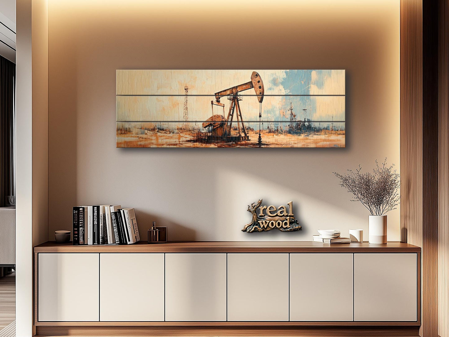 Oil Well Painting – Rustic Wood Print | UV Printed Artwork On Wood, Industrial Wall Decor