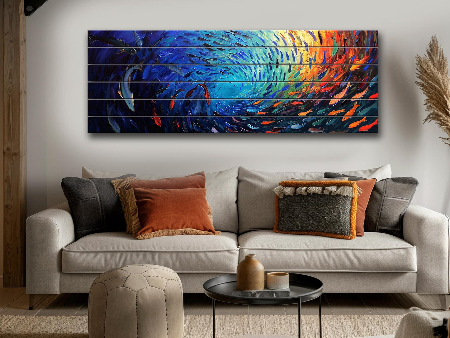 Fishing Wall Art – Colorful School Of Fish Wooden Wall Decor On Natural Wood Print
