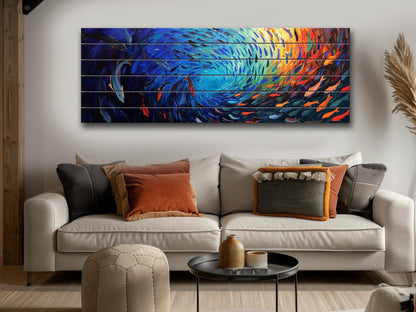 Fishing Wall Art – Colorful School Of Fish Wooden Wall Decor On Natural Wood Print
