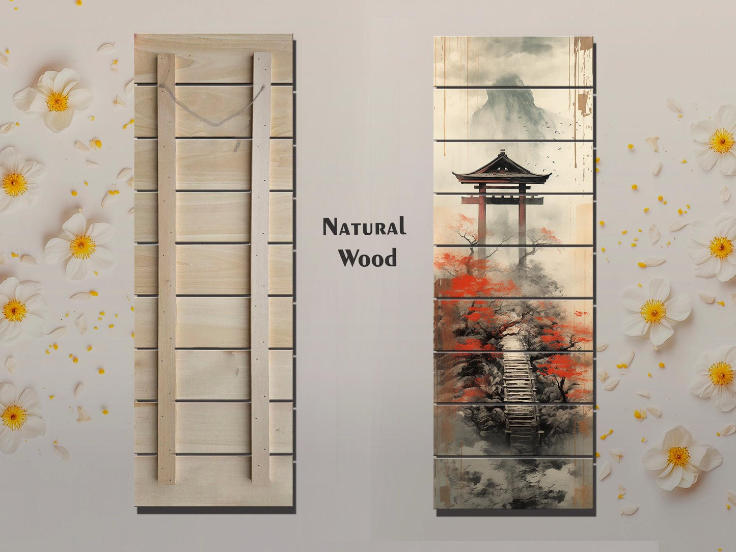 Japanese Torii Gate Wall Art – Misty Mountain Zen Landscape Decor on Wood Panel