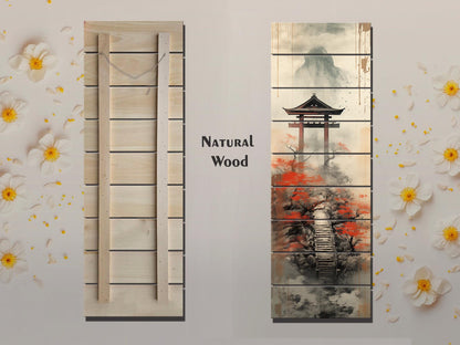 Japanese Torii Gate Wall Art – Misty Mountain Zen Landscape Decor on Wood Panel