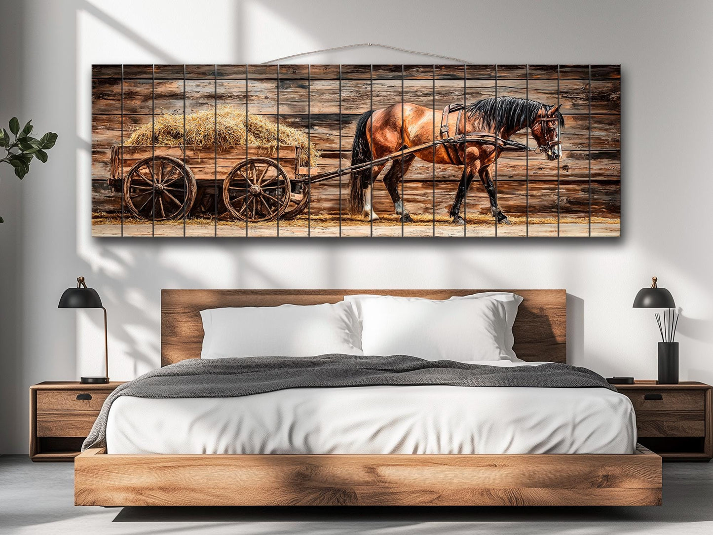 Rustic Wood Wall Art – Horse Wooden Cart with Hay | Farmhouse Wall Decor