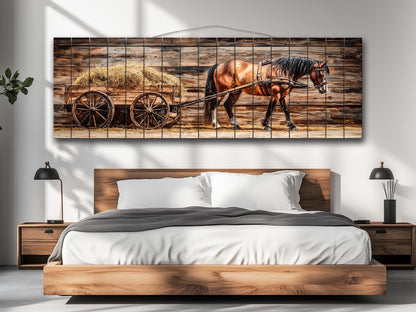 Rustic Wood Wall Art – Horse Wooden Cart with Hay | Farmhouse Wall Decor