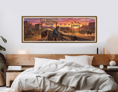 Rodeo Canvas Print, Panoramic Cowboy Arena Painting, Large Western Wall Art, Framed and Ready to Hang
