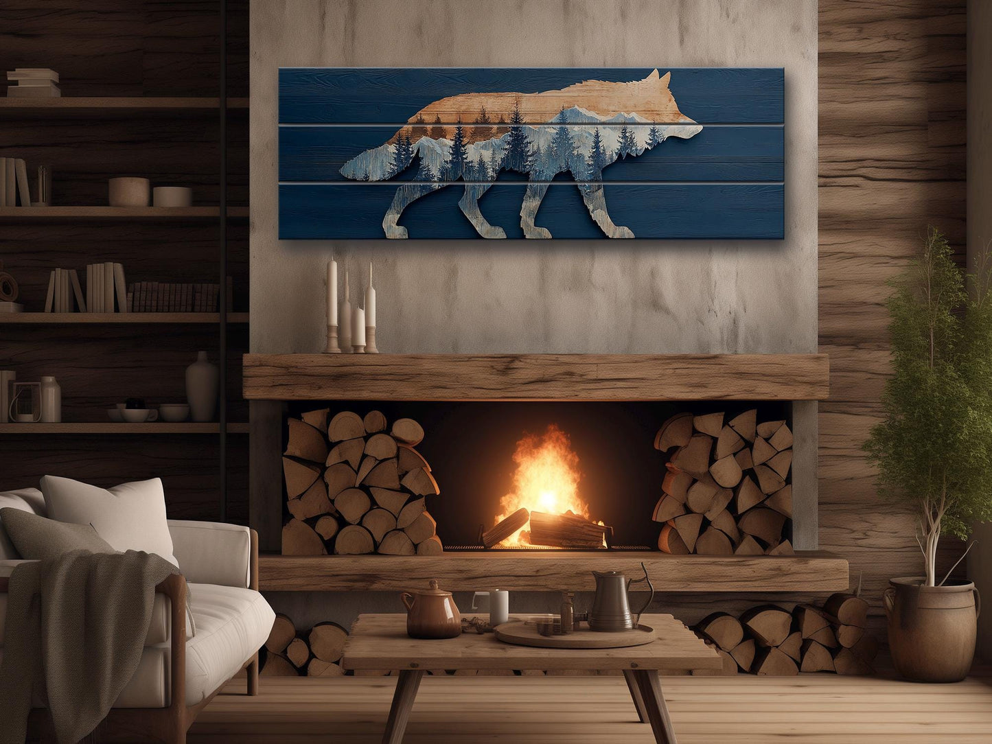 Wolf Silhouette with Forest Print on Natural Wood, Rustic Hunting Wall Art