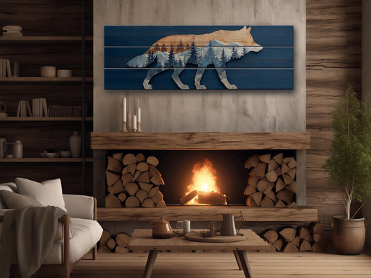 Wolf Silhouette with Forest Print on Natural Wood, Rustic Hunting Wall Art