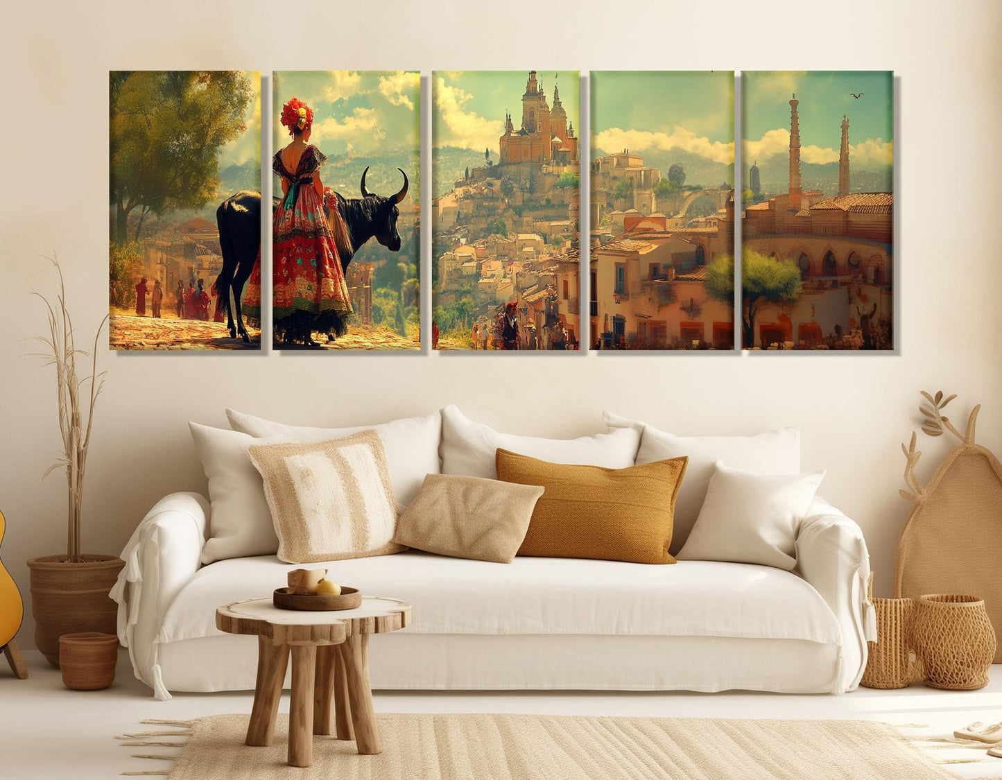 Spanish Village Canvas Print – Framed Cotton Canvas Wall Art with Bull Artwork
