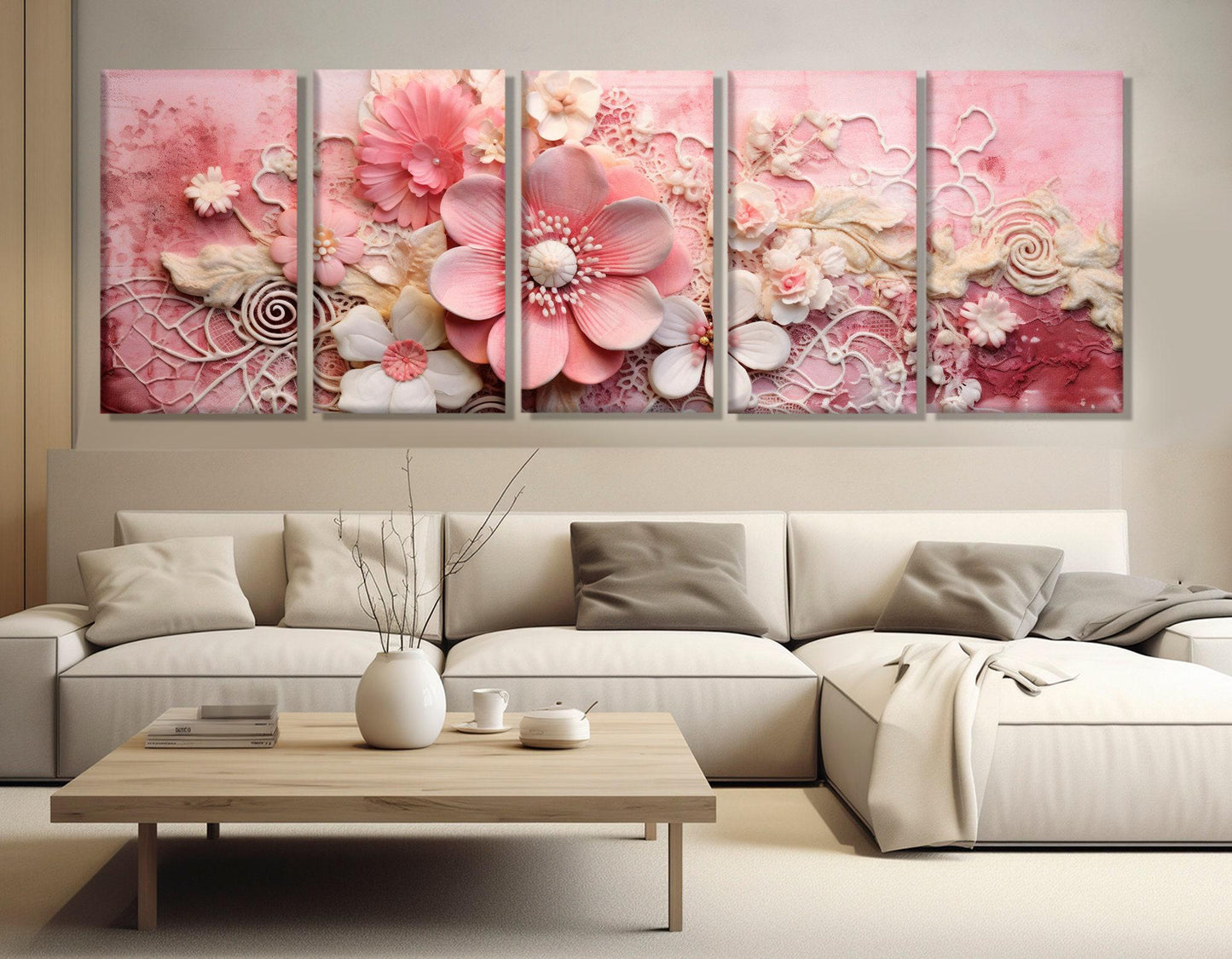 Abstract Floral Canvas Print – Pink Damask, Embroidered Doily Art | Ready to Hang