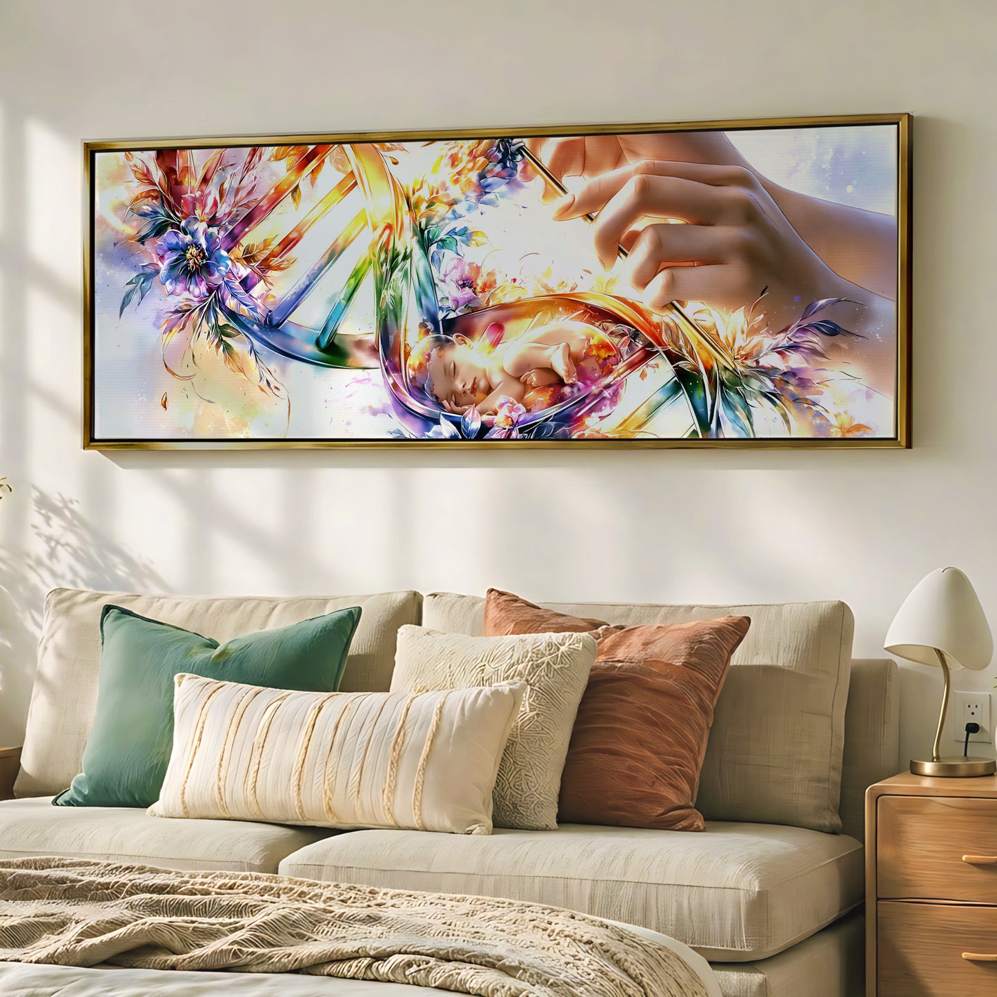 a large, colorful painting of a hand holding a flower, which is hanging on a wall above a bed with pillows.