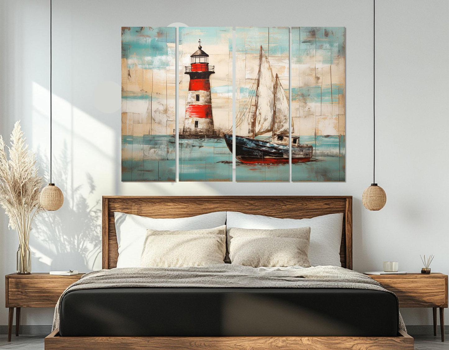 Nautical Wall Art - Rustic Lighthouse Canvas Print With Sailboat Painting, Framed & Ready To Hang