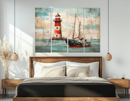 Nautical Wall Art - Rustic Lighthouse Canvas Print With Sailboat Painting, Framed & Ready To Hang