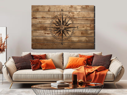 Rustic Compass Print – Nautical Wall Art on Natural Wood | UV Printed Wood Art