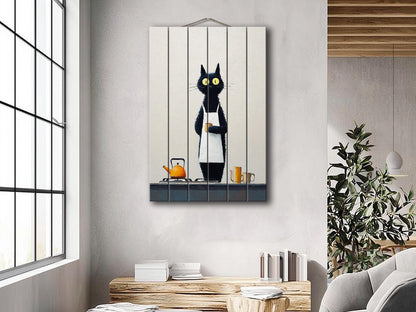 Black Cat Wall Art - Funny Cat Chef Poster | Minimalist Wood Print on Wood