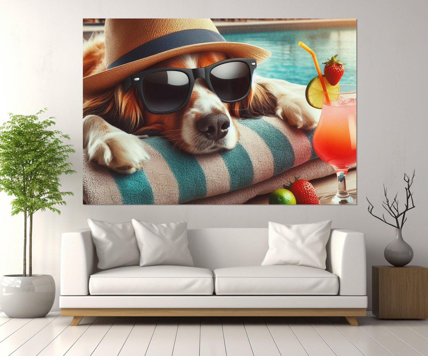 Dog Wall Art - Funny Dog Canvas with Hat and Glasses | Pool Wall Decor, Framed Canvas Print
