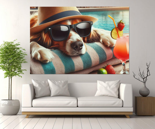 Dog Wall Art - Funny Dog Canvas with Hat and Glasses | Pool Wall Decor, Framed Canvas Print