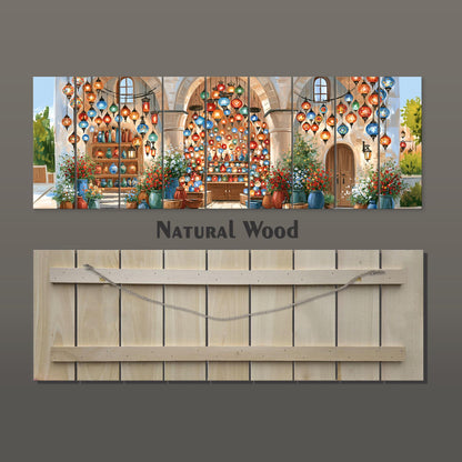 The image is a collage of three pictures depicting a colorful and vibrant interior with hanging lanterns, potted plants, and wooden furniture.