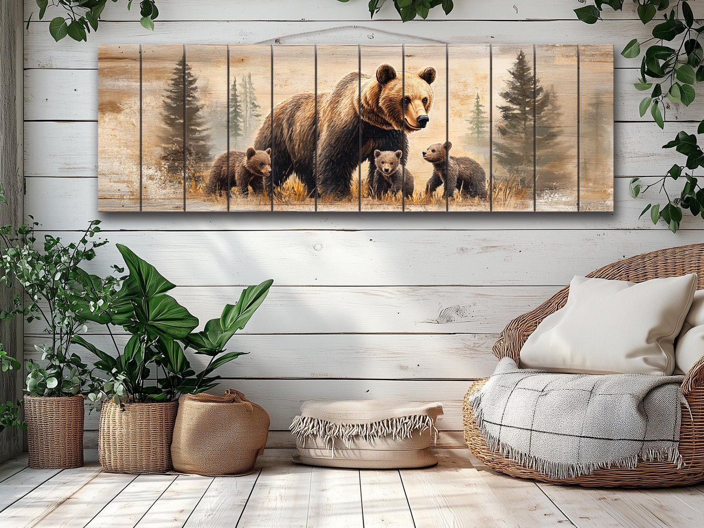 Rustic Wood Wall Art | Bear Family Artwork on Natural Wood - Cozy Rustic Cabin Decor