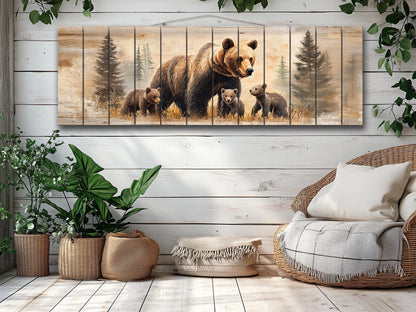 Rustic Wood Wall Art | Bear Family Artwork on Natural Wood - Cozy Rustic Cabin Decor