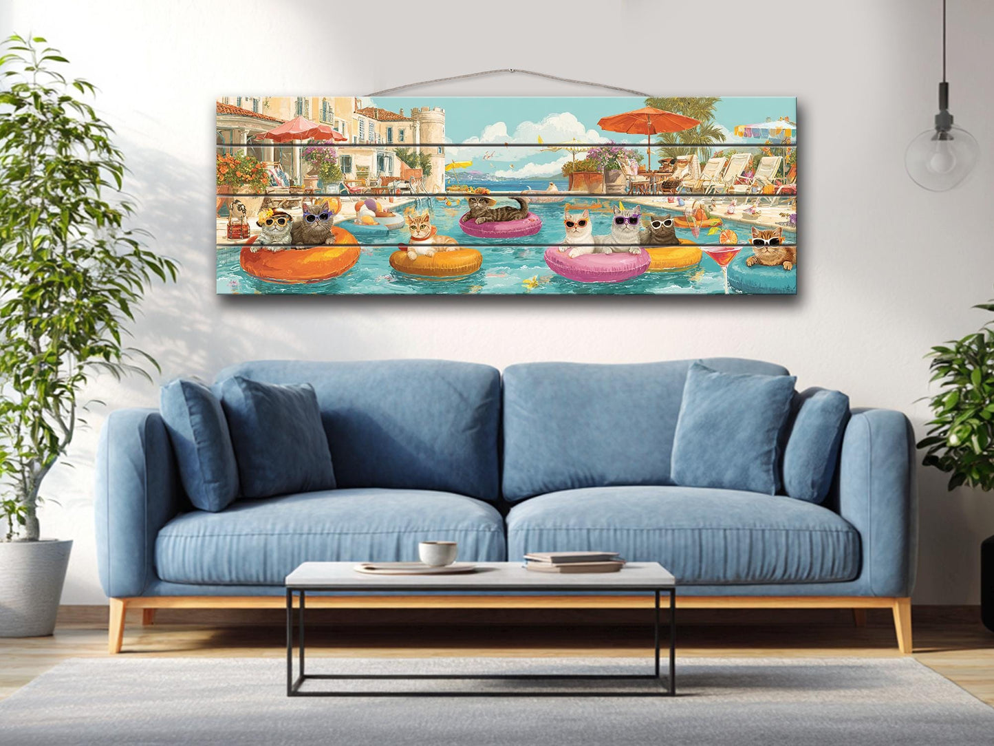 Cat Pool Party Print – Funny Summer Wall Art on Rustic Wood Decor