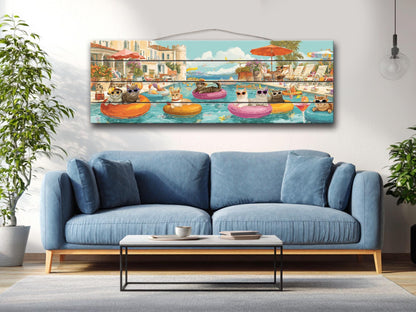 Cat Pool Party Print – Funny Summer Wall Art on Rustic Wood Decor