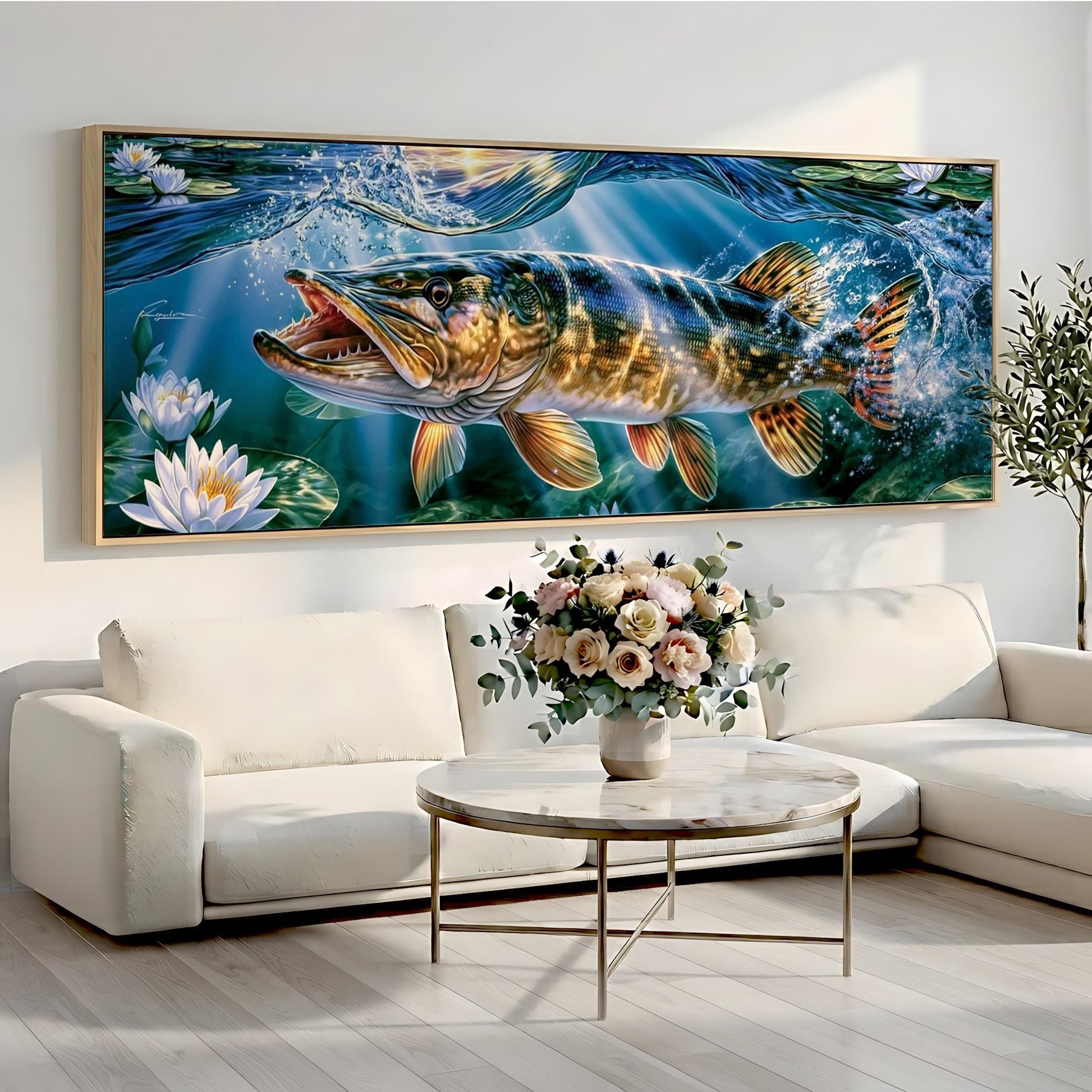 a large painting of a fish swimming in water, with a vase of flowers placed on a table in front of it.