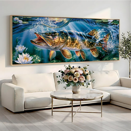 a large painting of a fish swimming in water, with a vase of flowers placed on a table in front of it.