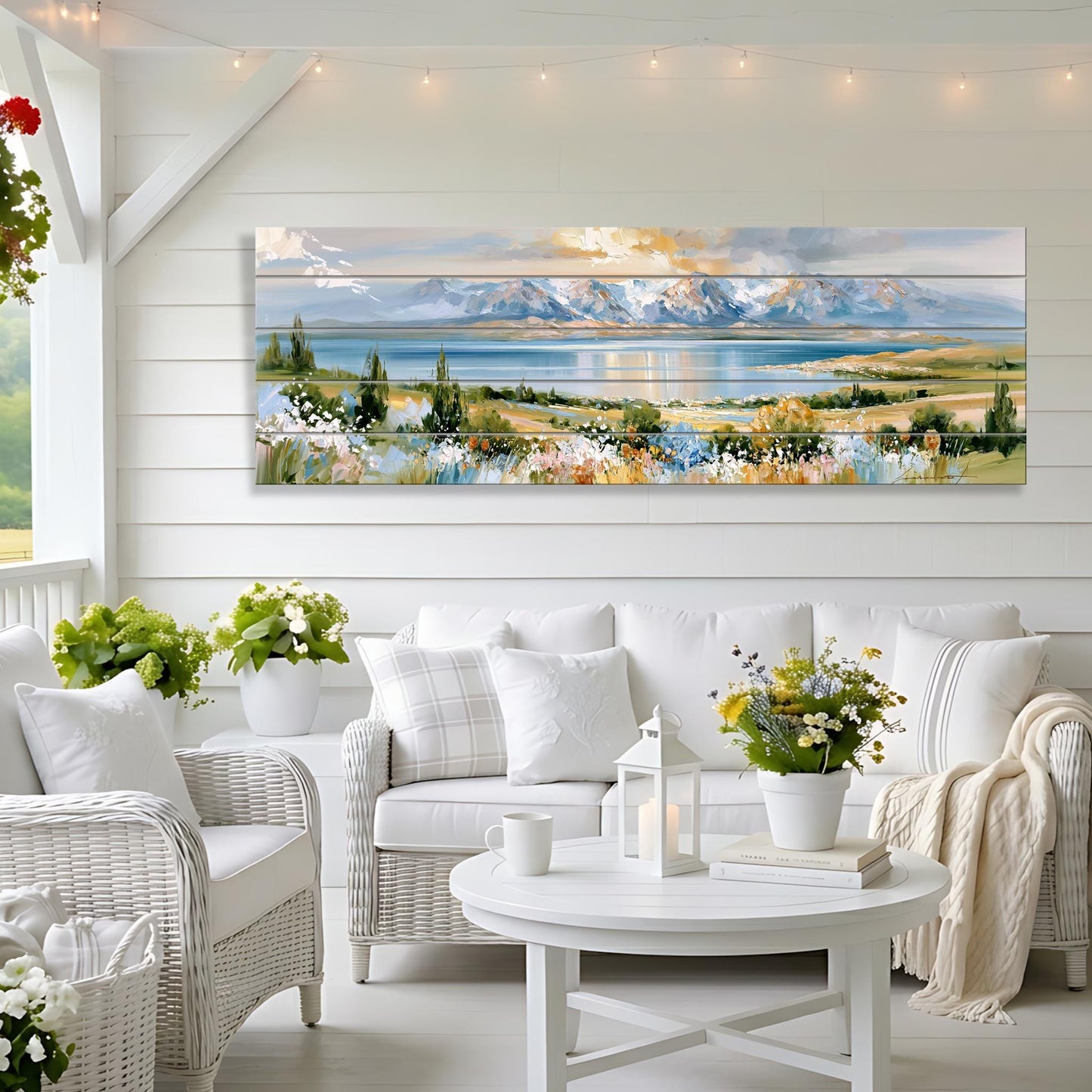 a cozy living room with a large, colorful landscape painting hanging on the wall. The painting features a serene mountain range and a tranquil lake, creating a peaceful and picturesque scene. The room is furnished with a white sofa, wicker chairs, and a round coffee table, all arranged around a white table with a vase of flowers. The overall atmosphere of the room is warm and inviting, with the natural elements of the painting complementing the comfortable furnishings and decor.