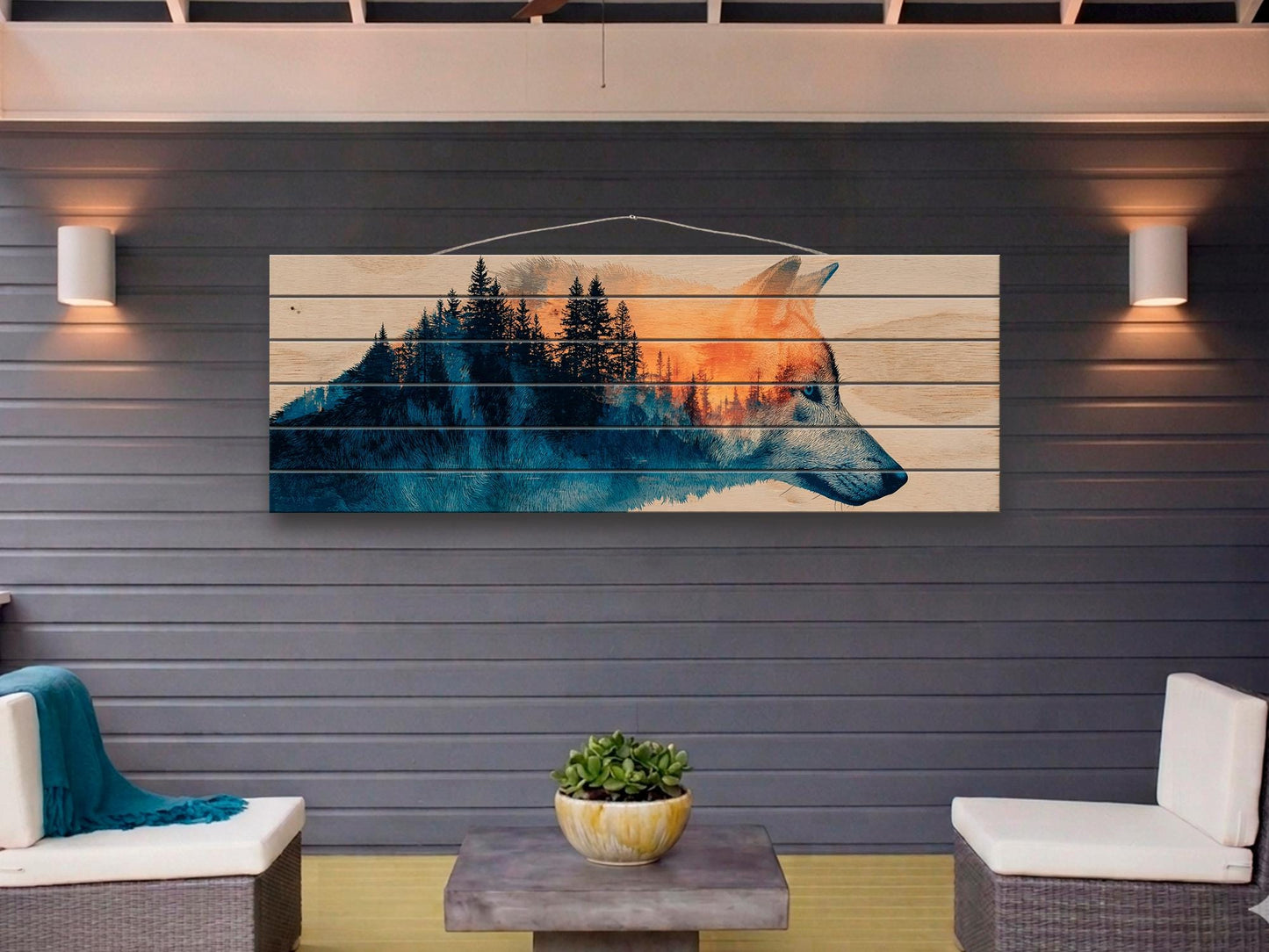 Wolf Silhouette with Forest Print on Wood, Rustic Wildlife Wall