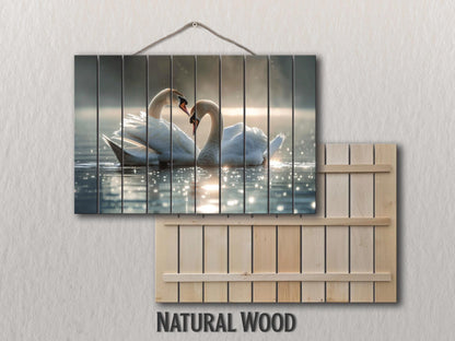 Wood Wall Art - Swans Couple Painting on Natural Wood Planks | Romantic Anniversary Gift