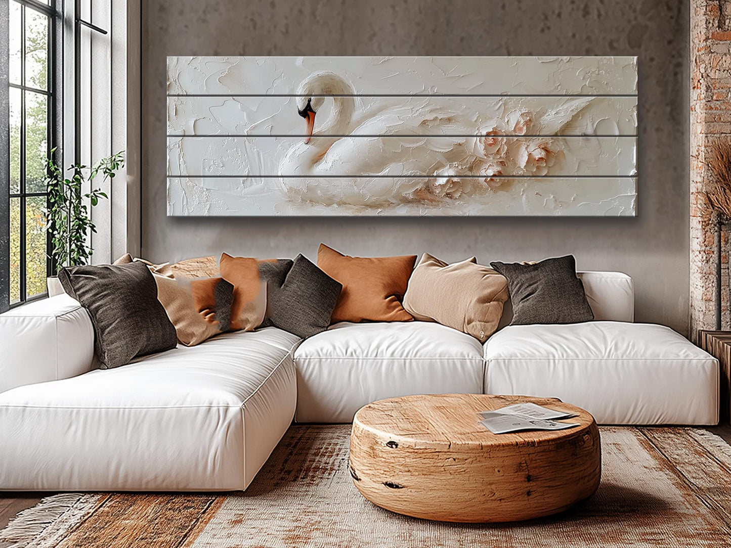White Swan Wall Art – Natural Wood Print | Minimalist Wood Plank Art