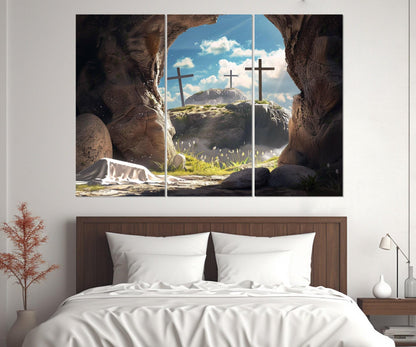 Empty Tomb and Three Crosses Symbolizing Jesus Resurrection Canvas Print, Framed and Ready to Hang