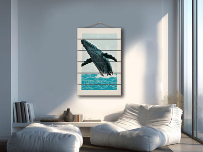 Whale Wood Wall Art – Humpback Linocut Print | Coastal Wood Decor, Ready to Hang
