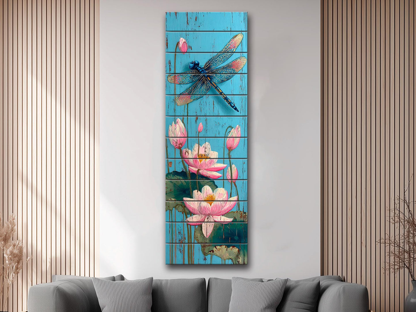Rustic Wood Wall Art – Dragonfly Wall Print with Water Lily Artwork | Farmhouse Pond Decor