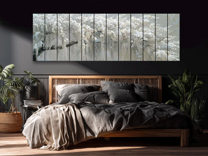 Abstract White Wisteria Tree Blossom Print On Natural Wood