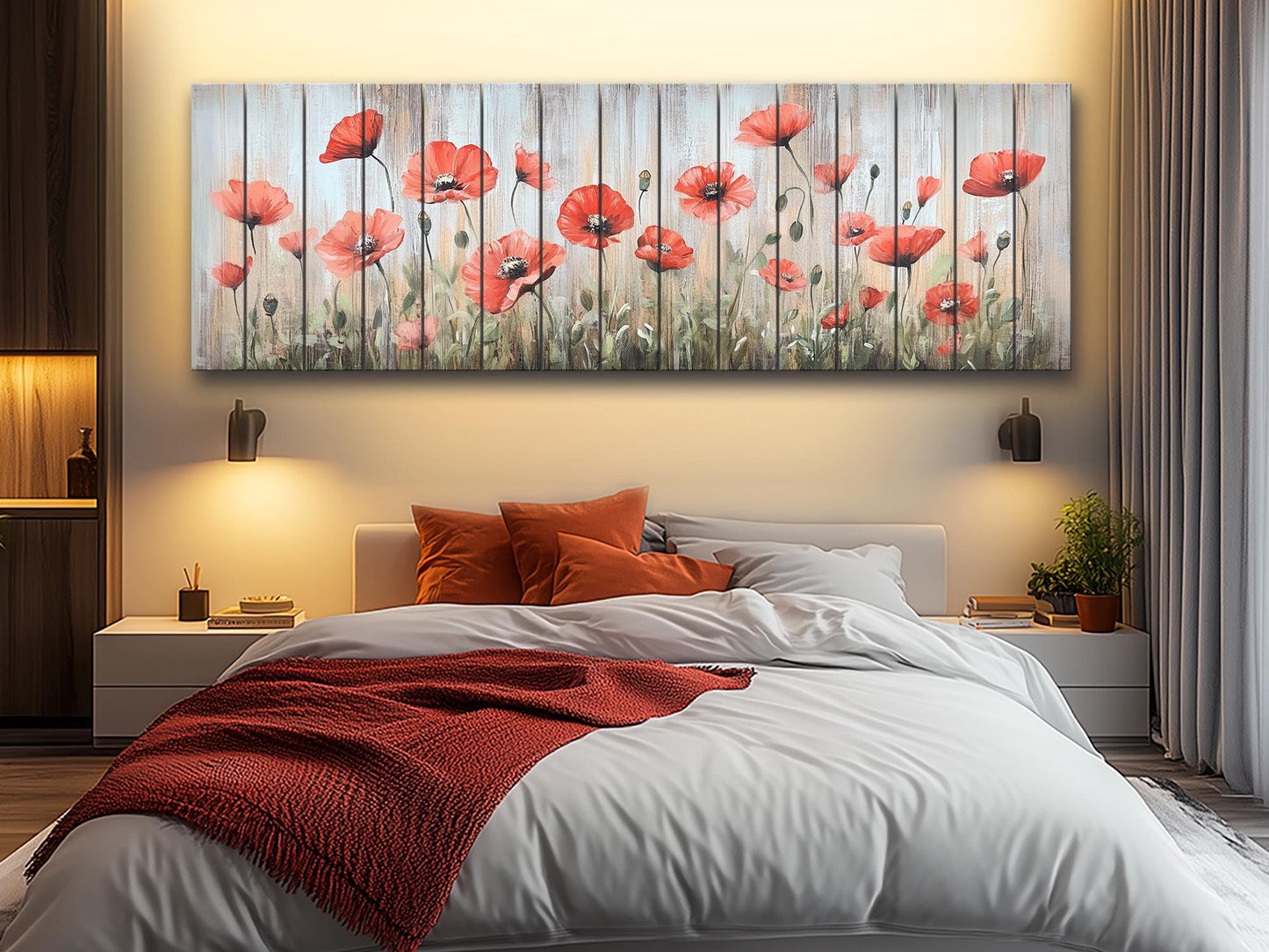 Wood Wall Art – Whimsical Field of Wild Poppies Dancing in the Breeze, Poppies Wall Art, Rustic Floral Wall Decor