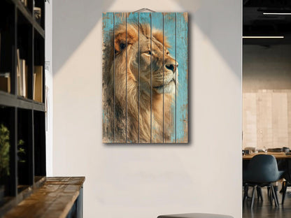 Wood Wall Art – Majestic Lion Wood Print | Rustic Wildlife Wall Decor