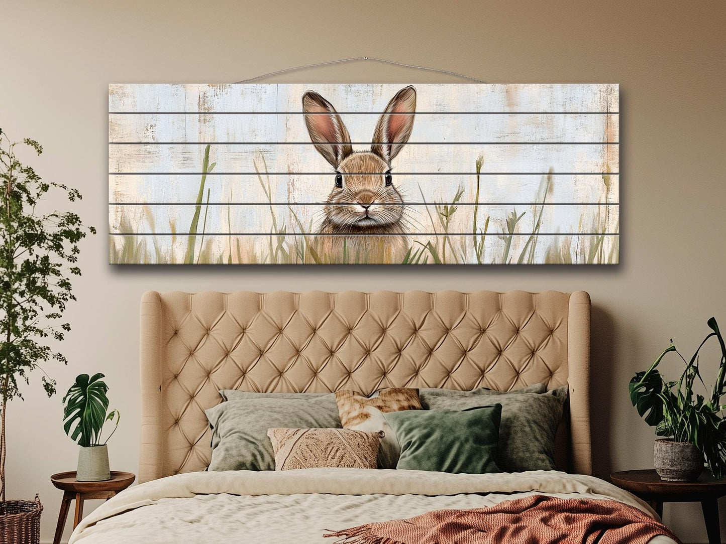 Rustic Wood Wall Art - Rabbit Hiding in Tall Grass Painting Printed on Wood, Hunting Wall Art, Forest Animals Print, Hunting Cabin Decor