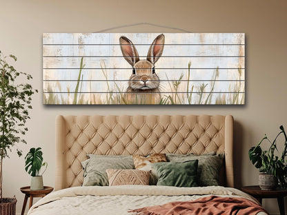 Rustic Wood Wall Art - Rabbit Hiding in Tall Grass Painting Printed on Wood, Hunting Wall Art, Forest Animals Print, Hunting Cabin Decor