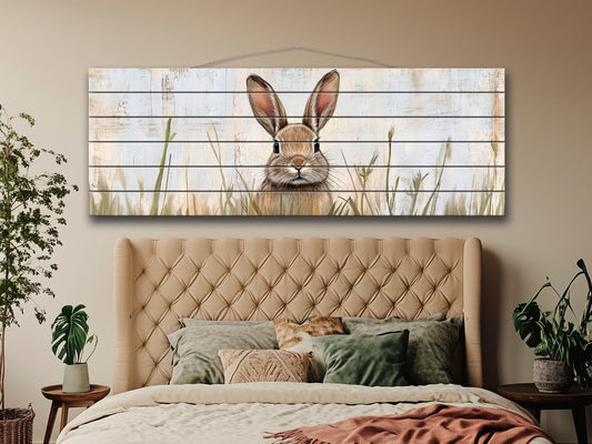Rustic Wood Wall Art - Rabbit Hiding in Tall Grass Painting Printed on Wood, Hunting Wall Art, Forest Animals Print, Hunting Cabin Decor