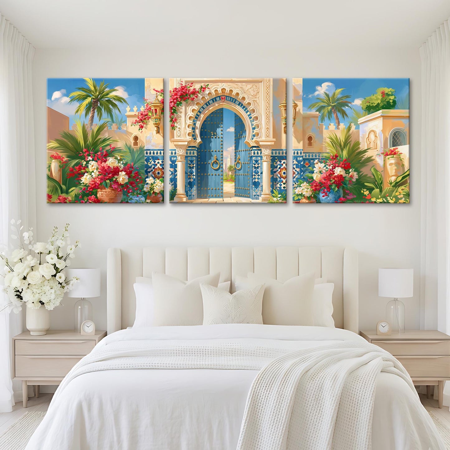 a bedroom with a large, colorful painting of an ornate, blue-arched gate above the bed. The painting is surrounded by white flowers and lush greenery, creating a vibrant and inviting atmosphere.