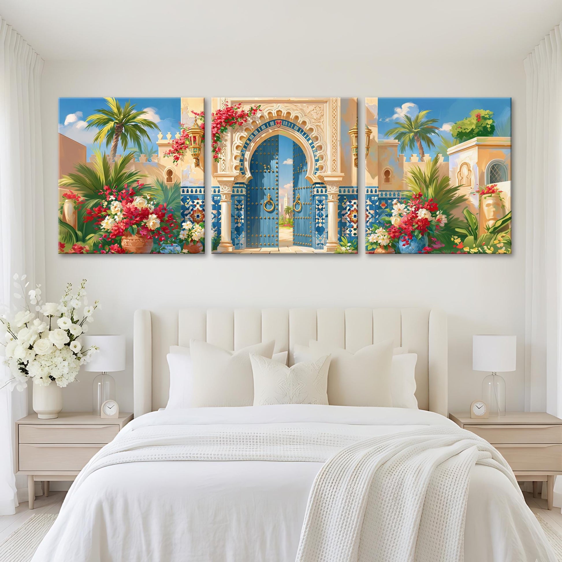 a bedroom with a large, colorful painting of an ornate, blue-arched gate above the bed. The painting is surrounded by white flowers and lush greenery, creating a vibrant and inviting atmosphere.